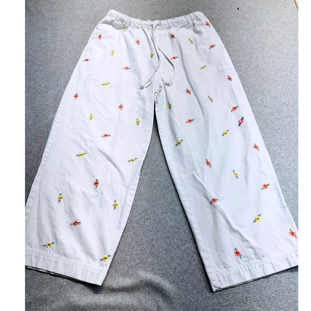 Denim & Co White Embroidered Floral‎ Crop Pants Wide Leg Cottagecore  Boho Large